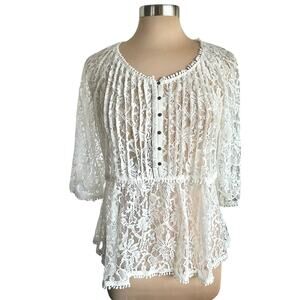Vintage America White‎ Sheer Lace Babydoll Top Sz M Pintuck Cottagecore Y2k Boho